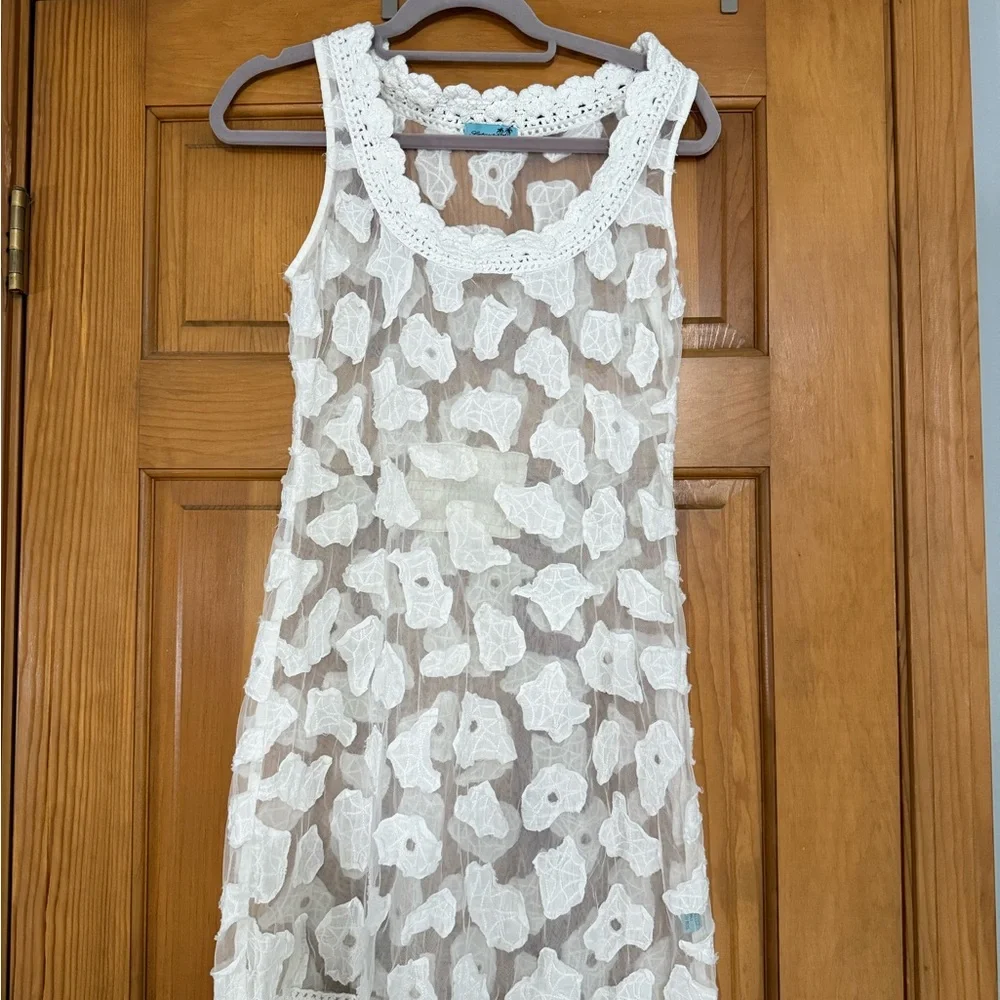 Letarte Handmade Lace Cover Up Dress White Sheer Crochet Trim Boho Beach‎ Size L